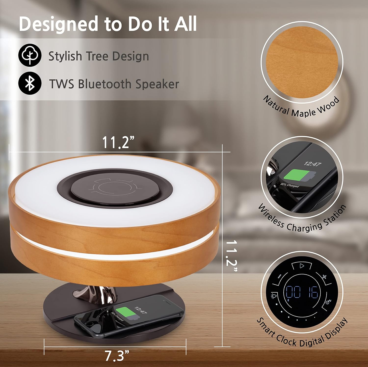 Dawn Lamp Modern Desk Lamp Multifunctional with Adjustable Light Settings, TWS Bluetooth Speaker, Wireless Charger, Touch Controls, for Home Office, Dorm Decor, Bedroom