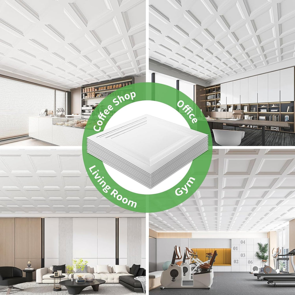 Art3d Drop Ceiling Tiles 36 Pack, 2ft x 2ft PVC Glue-up Ceiling Tiles, 24x24 Wall Tiles for Indoor Decor, Home, Office, Coffee Shop, Restaurant, Gym, Multi-Pack, Covers 144 Sq. Ft, Square White