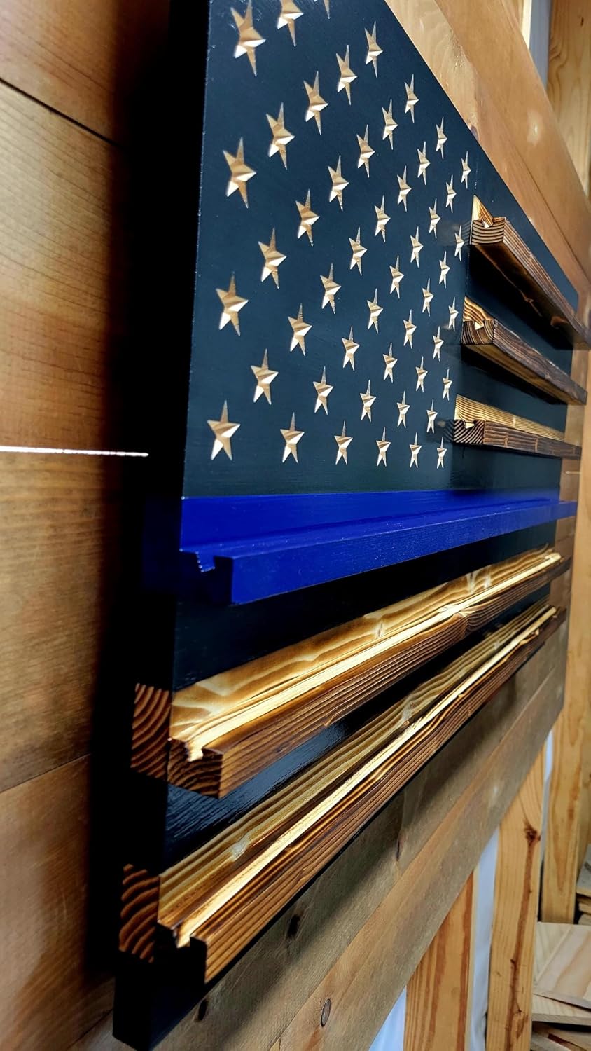 Thin Blue Line Challenge Coin Holder Display, Wooden Shelves hold 90-100 Coins, for Military, Police, Law Enforcement, First Responders, Custom Handmade Quality, Made in Texas