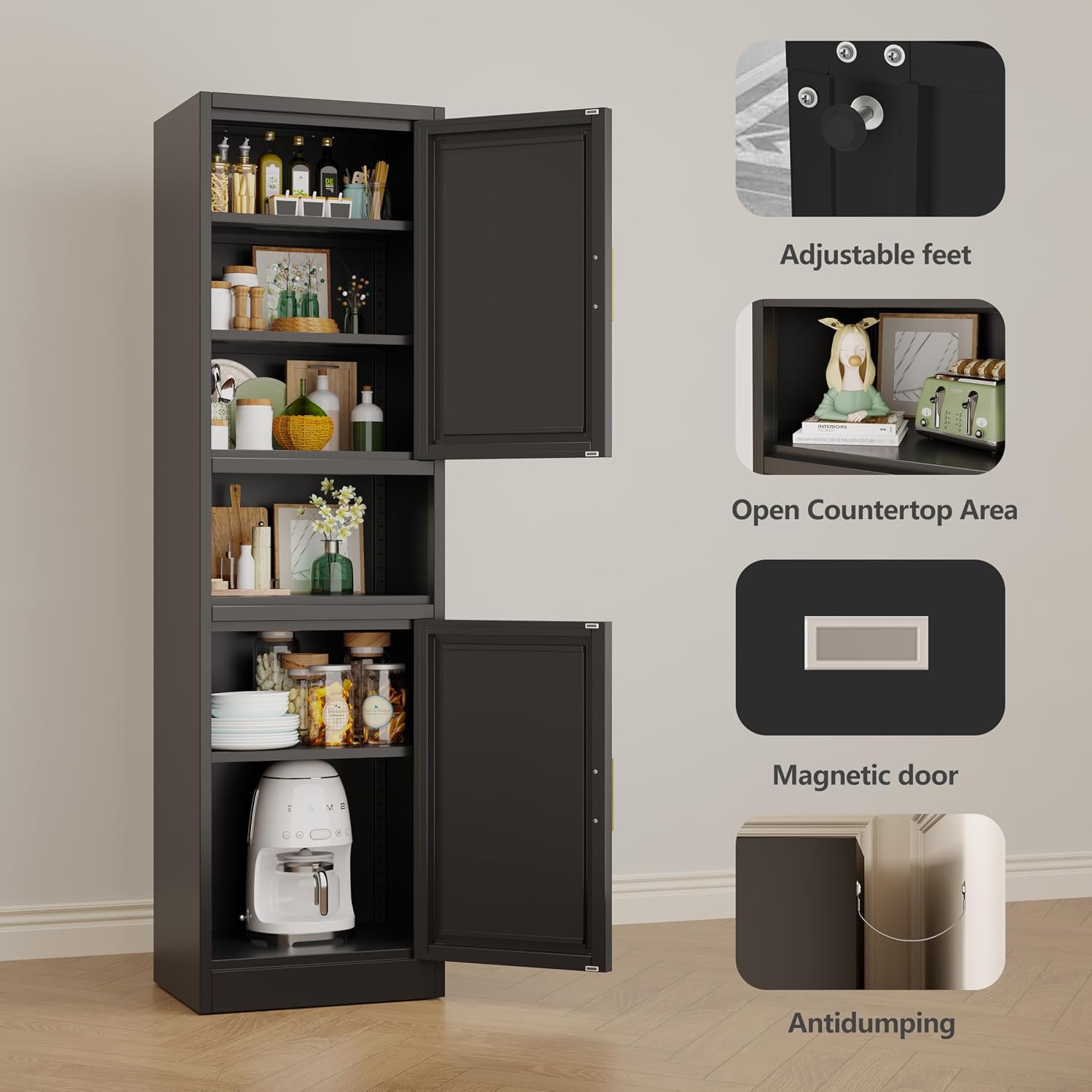 Metal Tall Narrow Kitchen Pantry Cabinet,Tall Bathroom Storage Cabinet,67' High Bathroom Organizers with Doors and Adjustable Shelves for Bathroom, Kitchen,Small Spaces