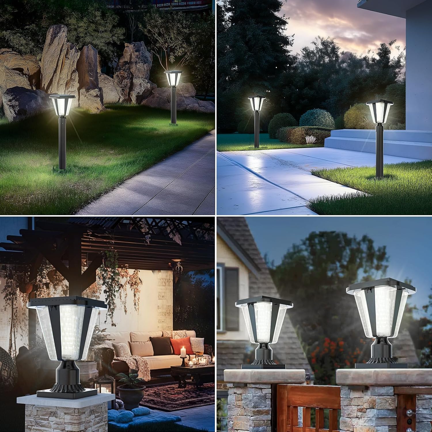 Lovus Solar Post Lights with Pier Mount Base, 6000K Cold White Solar Lamp Post Light IP65 Waterproof, Dusk to Dawn LED Outdoor Column Lights, 400LM Pole Light for Pillar, Garden, Yard, Gate, 2 Pack