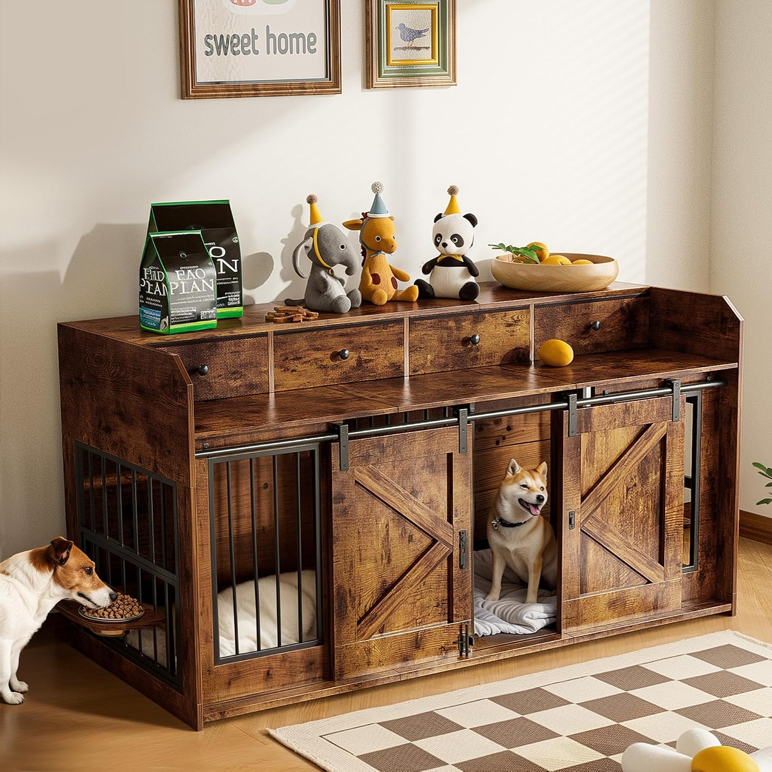 63' Double Dog Crate Furniture – Wooden Dog Kennel Indoor with Sliding Doors, Adjustable Bowls & Storage Drawers – Large Dog Crate TV Stand for 2 Dogs, Burnt Wood Color