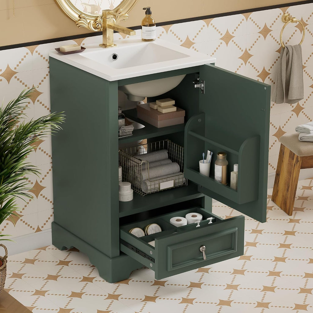 20 Inch Green Bathroom Vanity with Ceramic Sink and 1 Divider Drawer, Modern Bathroom Cabinet with Adjustable Shelf, Over Door Storage Rack and Soft Close Door