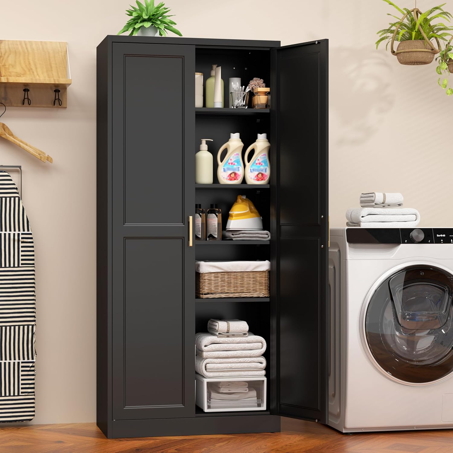 71' Tall Metal Pantry Cabinet, Black Kitchen Pantry Storage Cabinet with 4 Adjustable Shelves and Gold Handles, Cupboard for Kitchen, Dining Room, Living Room, Bathroom