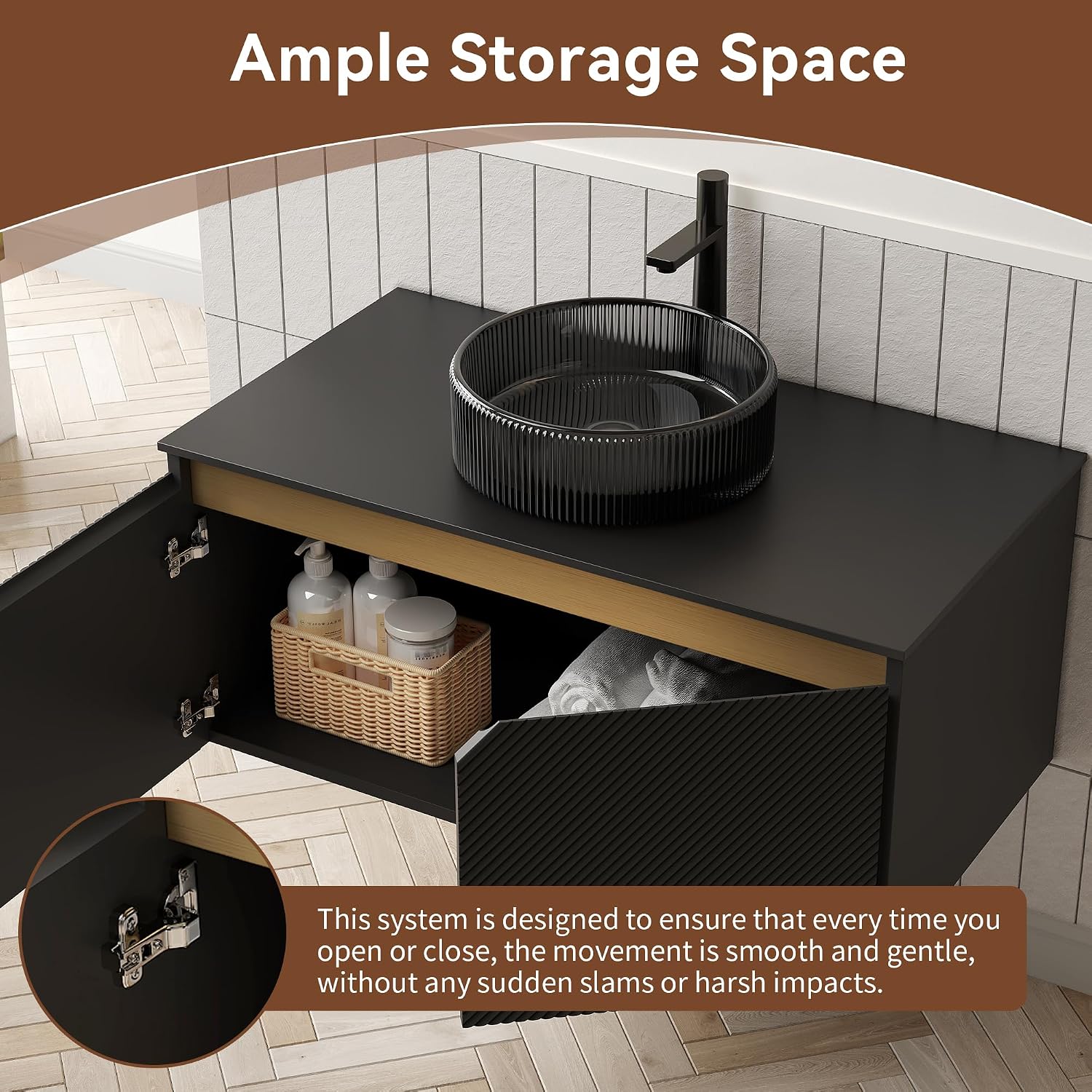 36 Inch Bathroom Vanity with Sink, Floating Fluted Vanity with Vessel Sink, Modern Bathroom Vanity Cabinet with 2 Doors with Metal Trim, Round Glass Sink & Sintered Stone Top, Black