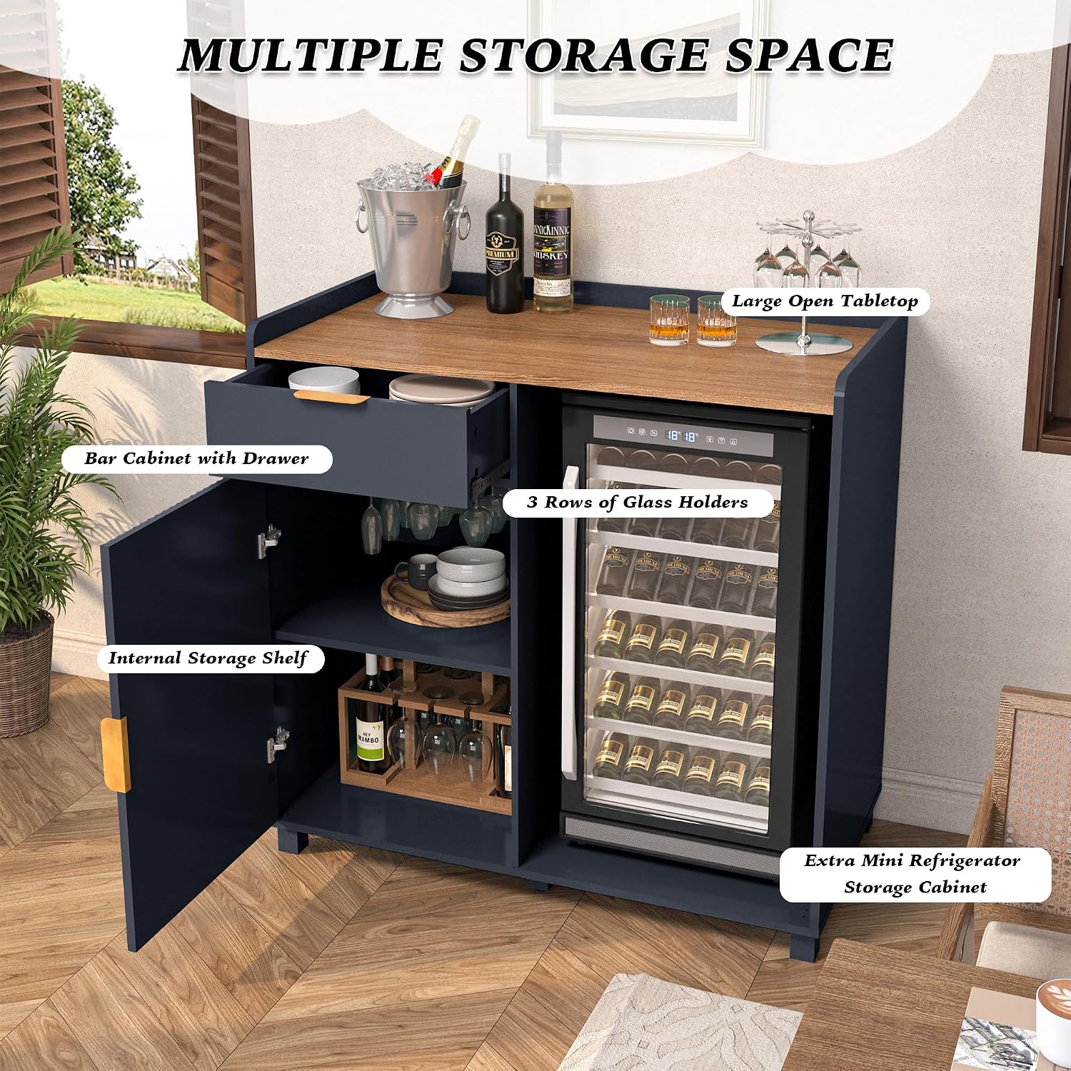 Coffee Bar Cabinet with Fridge Space&Fluted Door, Mini Fridge Cabinet with Wine Storage, Modern Sideboard Buffet Cabinet for Dining Room, Living Room, Kitchen, Blue