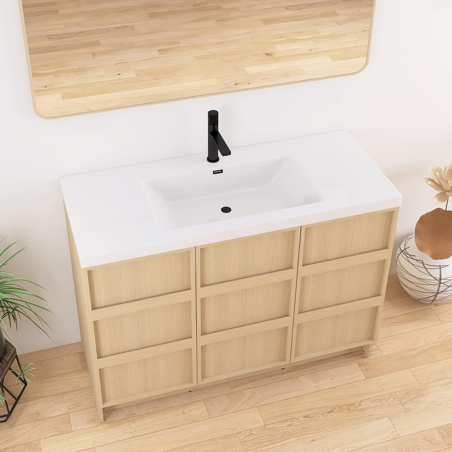 48 Inch Bathroom Vanity with Sink, 48' Freestanding Storage Cabinet Combo, 3 Soft Close Doors and Resin Basin, Modern Brown Floor Standing Vanity Set, Plywood Construction