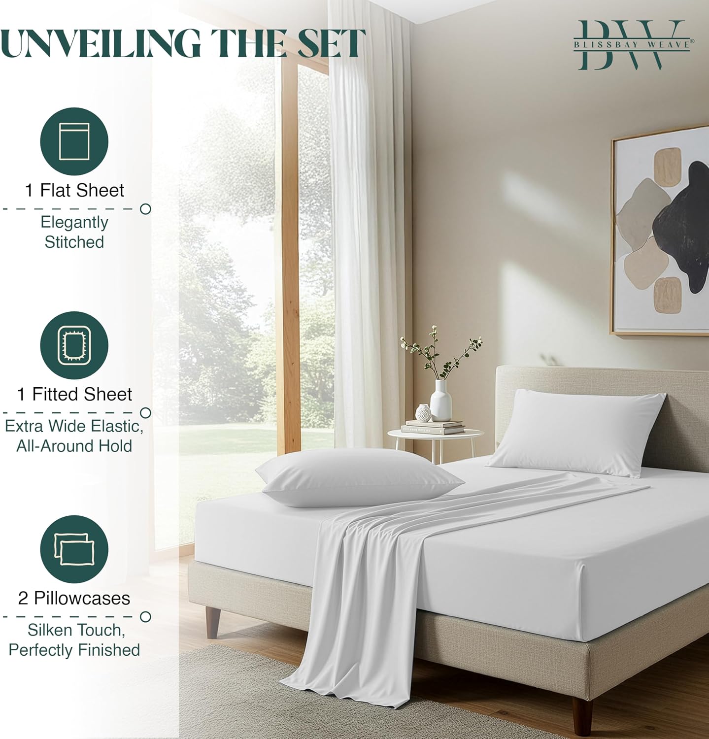 100% Egyptian Cotton Sheet Set Queen Size 4 PCs Sateen Weave Cooling Soft Wrinkle Resistant 18 inches Deep Pocket | 1 Fitted Sheet, 1 Flat Sheet, 2 Pillowcases | White