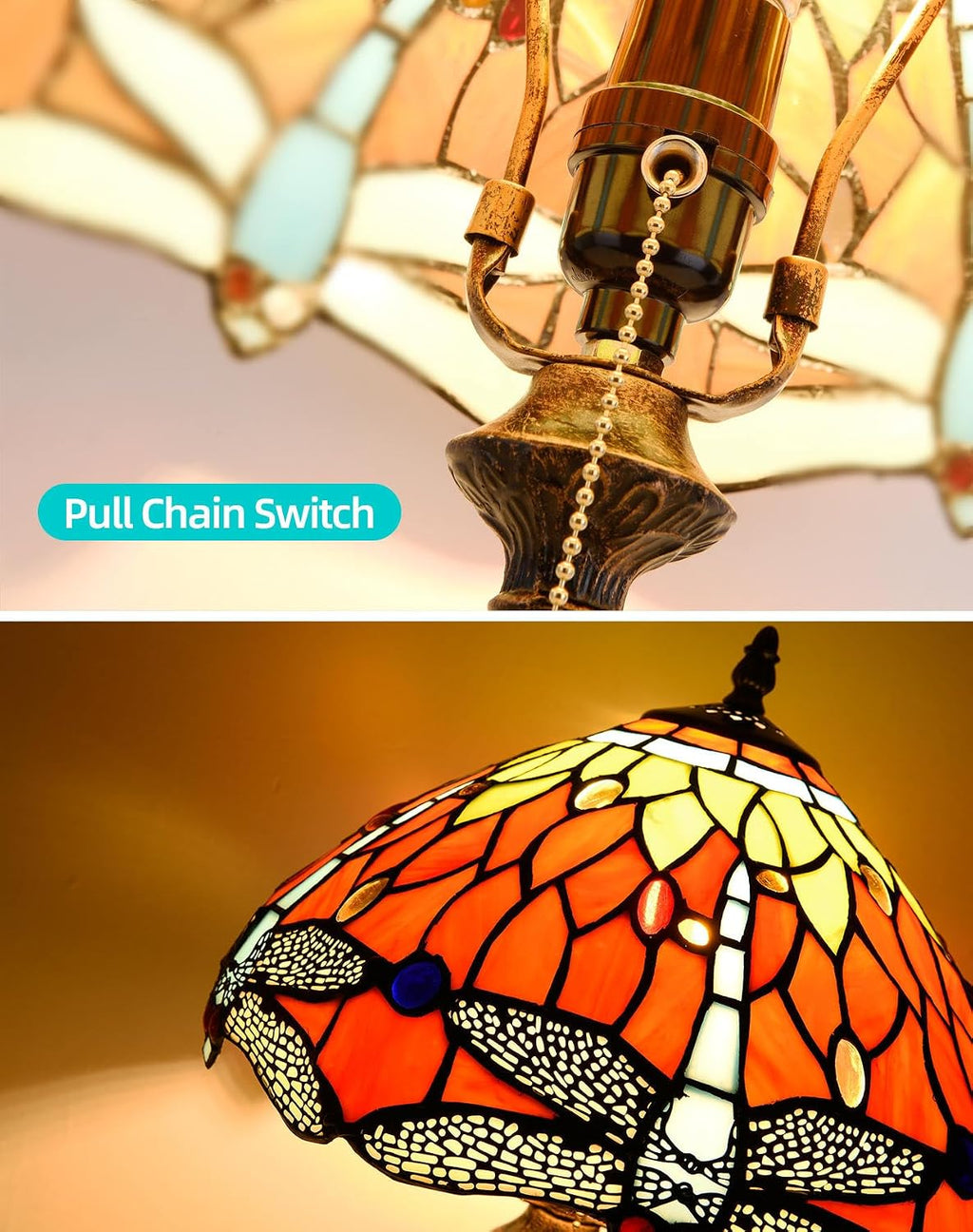 Tiffany Table Lamp, 12-inch Stained Glass Lamp for Living Room, Dining Room, Bedroom, Study Room, Office (Orange Dragonfly)