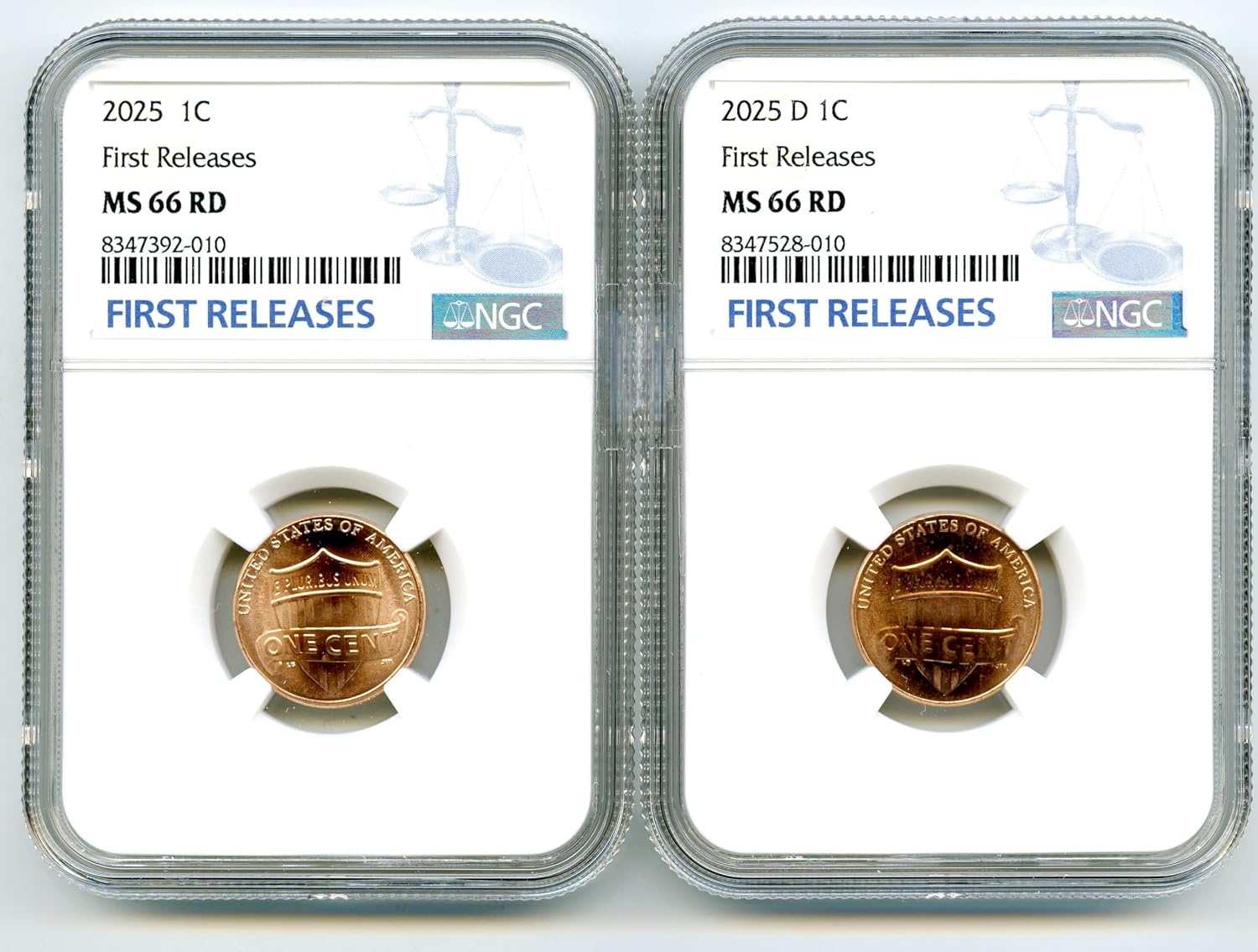 2025 P & D US MINT LINCOLN PENNY UNION SHIELD 2 COIN SET - FIRST RELEASES Cent NGC MS66 RD
