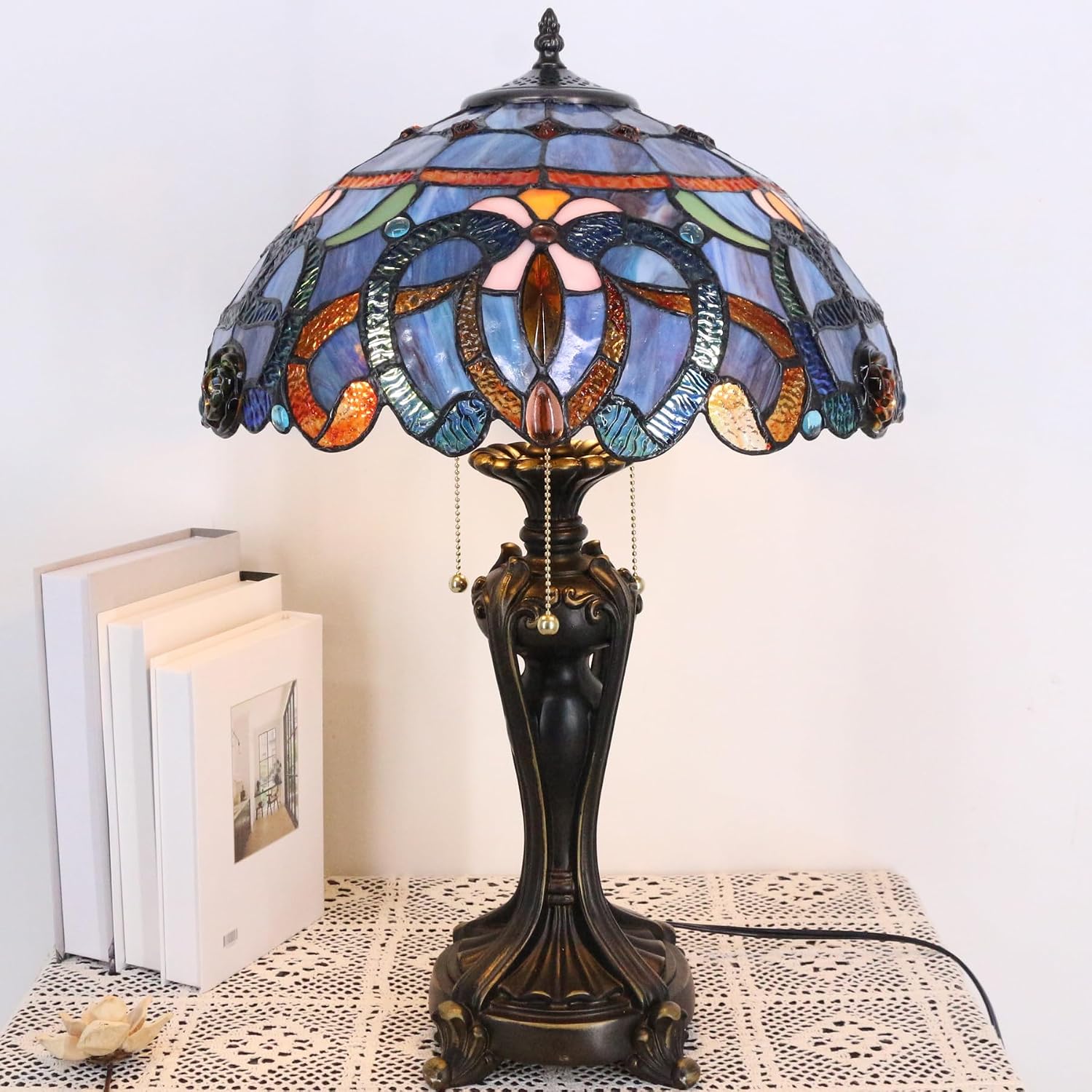 Large Tiffany Lamp Shade Replacement Only 16Inch Stained Glass Lampshade Fit For Table Lamps FLoor Lamp Ceiling Fixture Pendant Hanging Light Home Office Decoration (Blue purple)