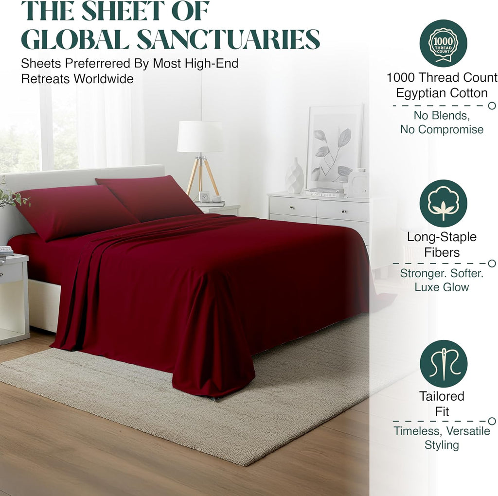 100% Egyptian Cotton Sheet Set Queen Size 4 PCs Sateen Weave Cooling Soft Wrinkle Resistant 18 inches Deep Pocket | 1 Fitted Sheet, 1 Flat Sheet, 2 Pillowcases | Burgundy