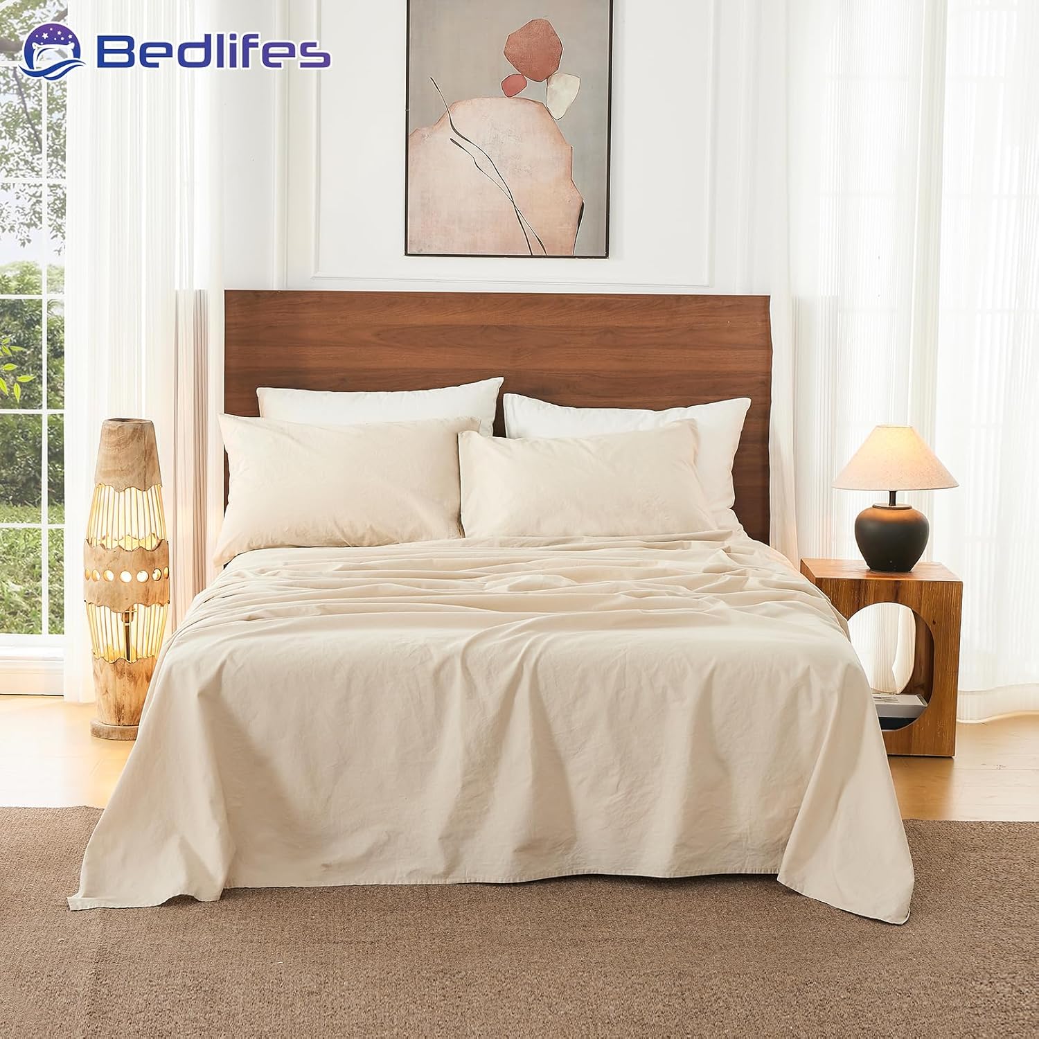 Bedlifes 100% French Pure Linen Sheets King Size Breathable and Cooling Flax Sheet Set Soft Durable and Moisture Wicking 16 Inch Deep Pocket-4 Piece(King,Linen)