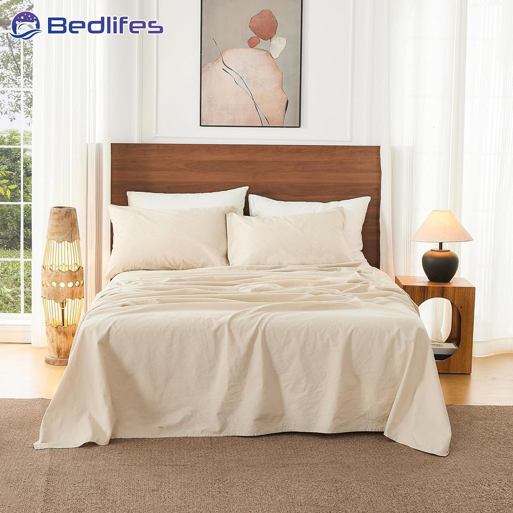 Bedlifes 100% French Pure Linen Sheets California King Size Breathable and Cooling Flax Sheet Set Soft Durable and Moisture Wicking 16 Inch Deep Pocket-4 Piece(Cal King,Linen)