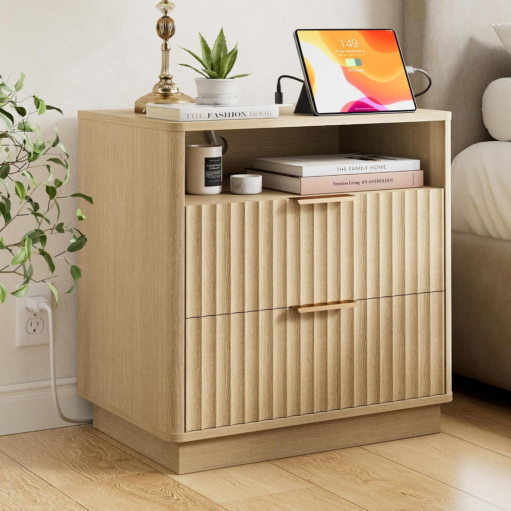 Fluted Nightstand, 23' Wide Night Stand, Modern Nightstand with Charging Station, 2 Drawer Large End Table w/Storage, Bedside Table for Bedroom Sofa Home Office, Curved Corners, Natural Oak