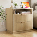 Fluted Nightstand, 23' Wide Night Stand, Modern Nightstand with Charging Station, 2 Drawer Large End Table w/Storage, Bedside Table for Bedroom Sofa Home Office, Curved Corners, Natural Oak