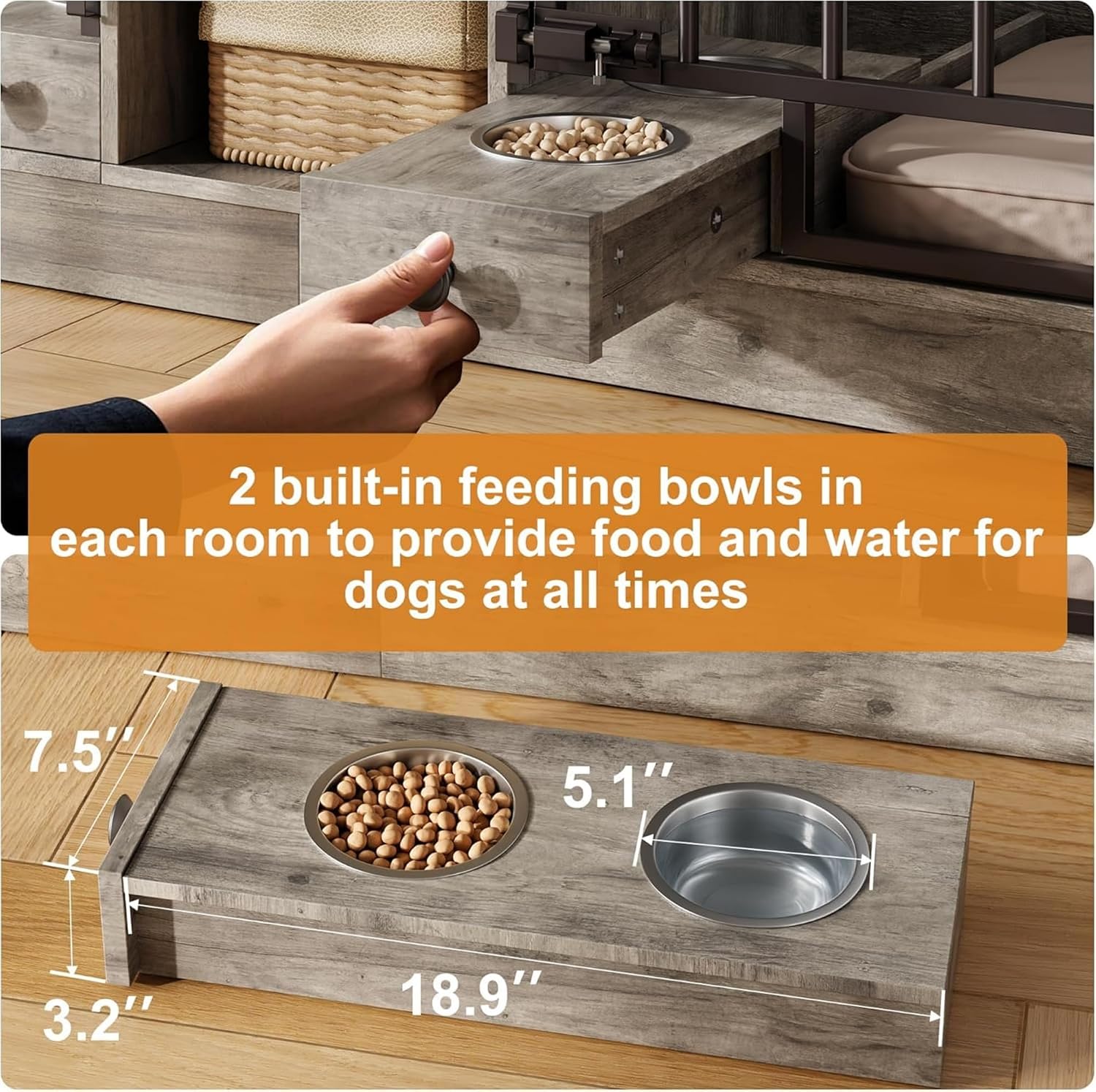 GAOMON Dog Crate Furniture for 2 Dogs, 78.7'' Large Dog Kennel Indoor with 2 Storage Drawers, 3 Shelves and Feeding Bowls, Double Dog Crate TV Stand for Small and Medium Dogs, Gray