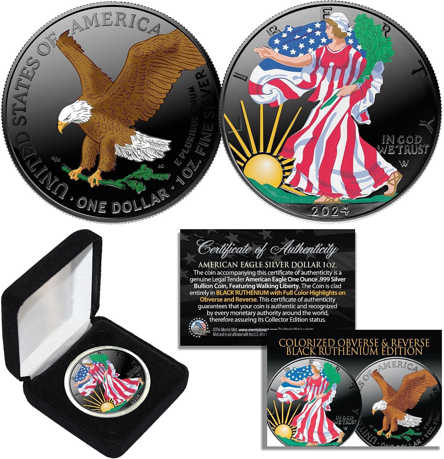 Black Ruthenium & Colorized 2-Sided 1 Troy Oz .999 2019 Silver Eagle Coin w/Box