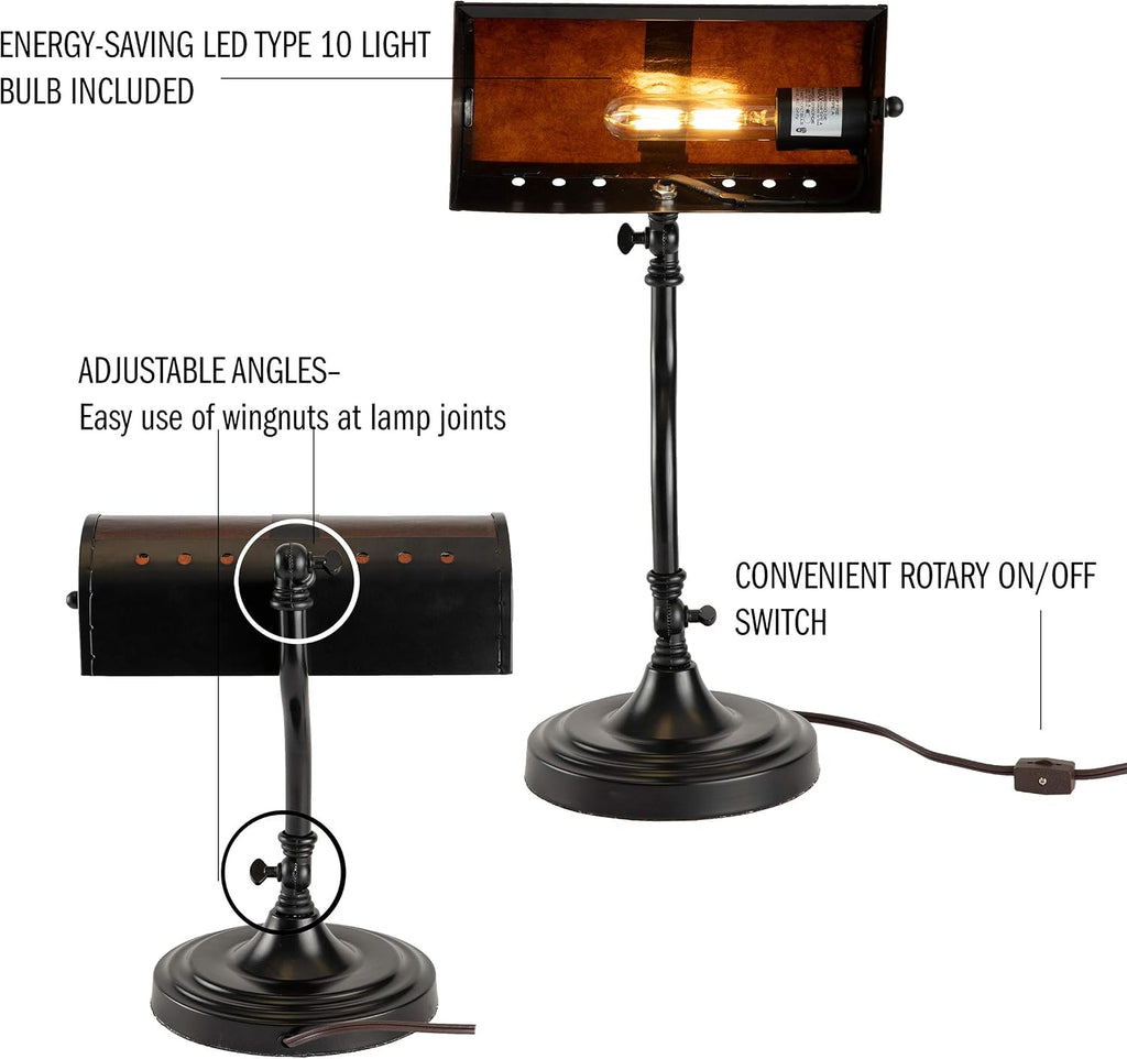Lavish Home Bankers Lamp - Mission Style Amber Mica Shade Table or Desk Light LED Bulb Included Classic Vintage Look Accent Decor Dark Brown, Black, Off White 10 x 9 x 14 (L x W x H)