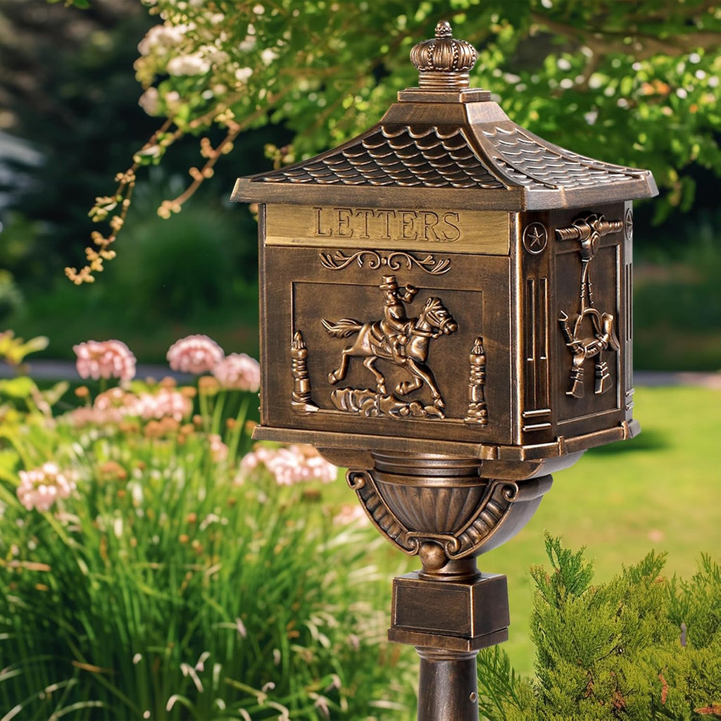 Cast Aluminum Mailbox Postal Box, Locking Mailbox for Outside with Keys, Curbside Mail Manager Outside Weatherproof Rustproof Security Post-Mount Mail Box (Antique Bronze)