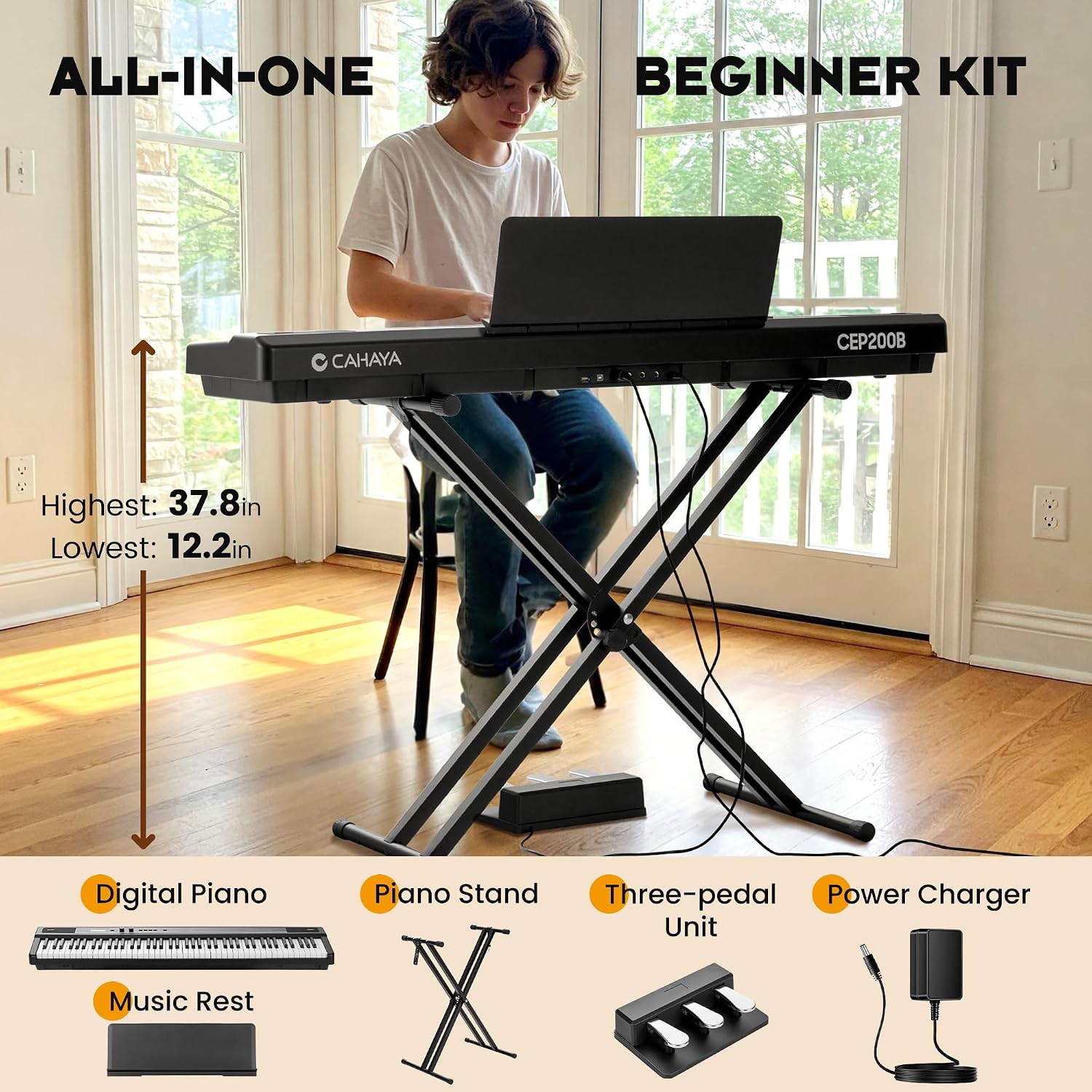 CAHAYA 88-Key Digital Piano Keyboard - Semi Weighted Electric Piano for Beginners with Double X-shaped Stand 3 Pedals and a Sheet Music Holder