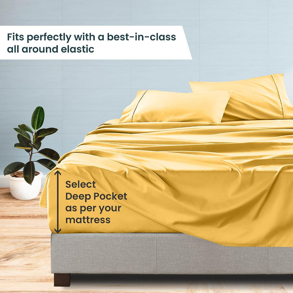 Luxury 1800 Thread Count Heavy Egyptian Cotton 4-PCs Sheet Set Fits Mattress 21-24'' Fully Elastic Deep Pocket (Queen Size) (Solid, Gold)
