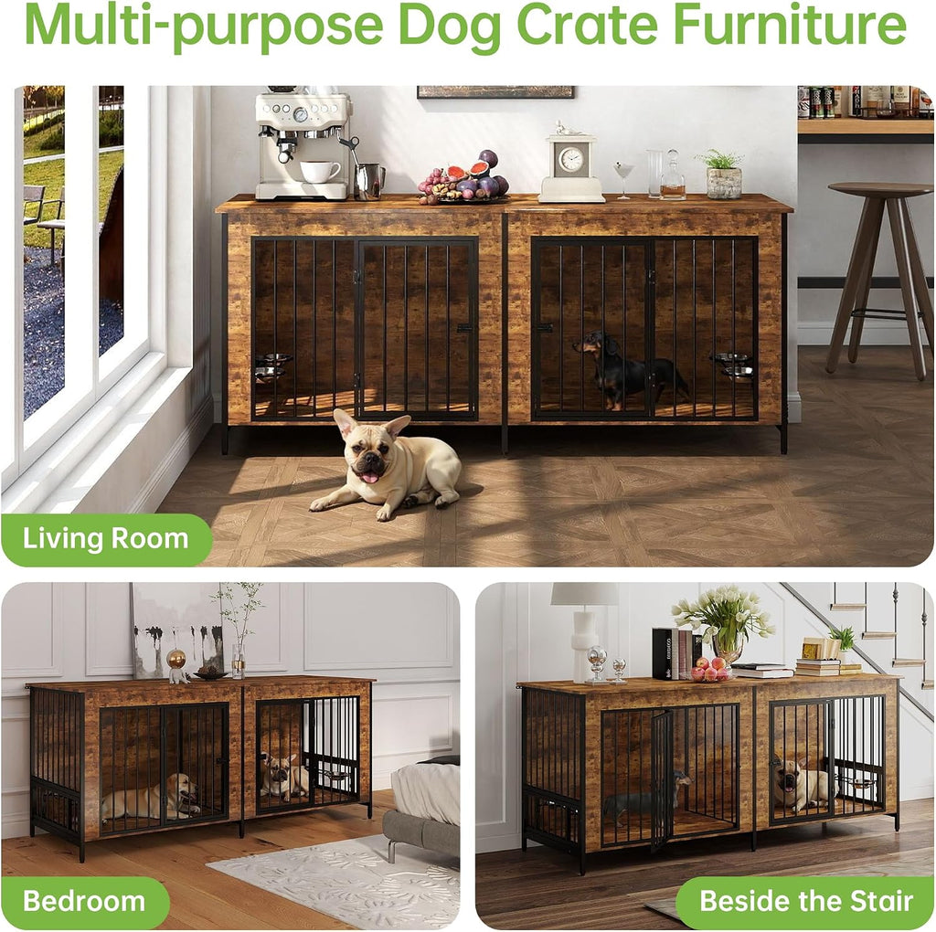 Real Relax 78' Large Dog Crate Furniture for 1 or 2 Dogs with with Rotating Dog Bowl Rack, Heavy Duty Dog Kennel Furniture for Small/Medium Dogs with 4 Bowls, Dog Cage with Steel Frame, Brown