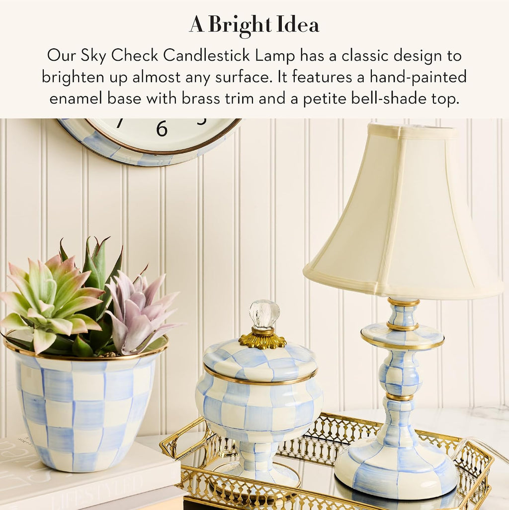 MACKENZIE-CHILDS Candlestick Lamp, Decorative Lamp for Living Room or Bedroom, Light-Blue-and-White Sky Check