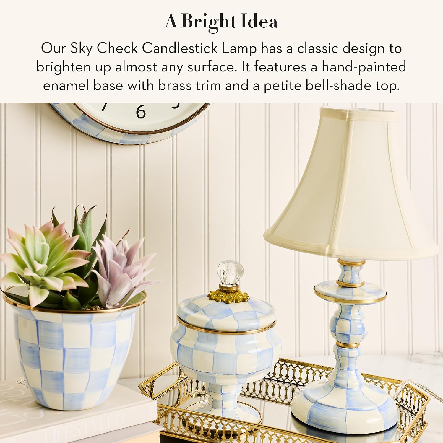 MACKENZIE-CHILDS Candlestick Lamp, Decorative Lamp for Living Room or Bedroom, Light-Blue-and-White Sky Check