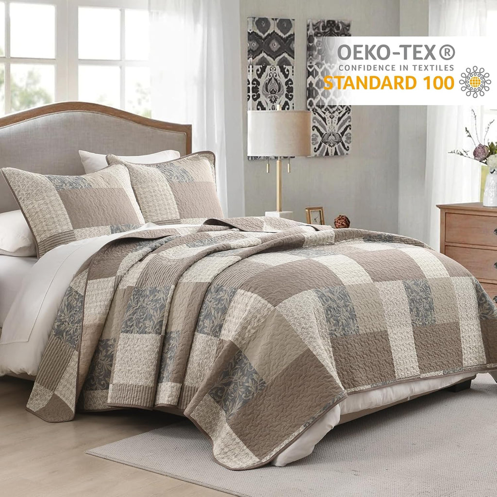 Finlonte 100% Cotton Quilt Set, Plaid Reversible Lightweight Quilted Bedspreads, 3-Piece, Gray/Brown/Beige, Queen Size