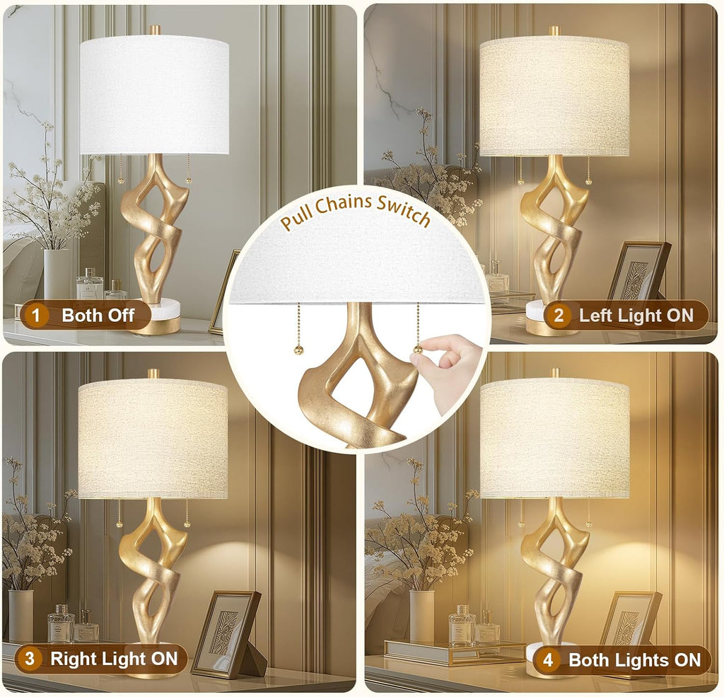 Scenekoy Sculptural Table Lamp Set of 2 with USB Ports for Bedroom Living Room, 26' Gold Leaf Marble Base Bedside Lamps, Pull Chains Switch Modern Nightstand Lamp for Home Room Decor (Bulbs Included)