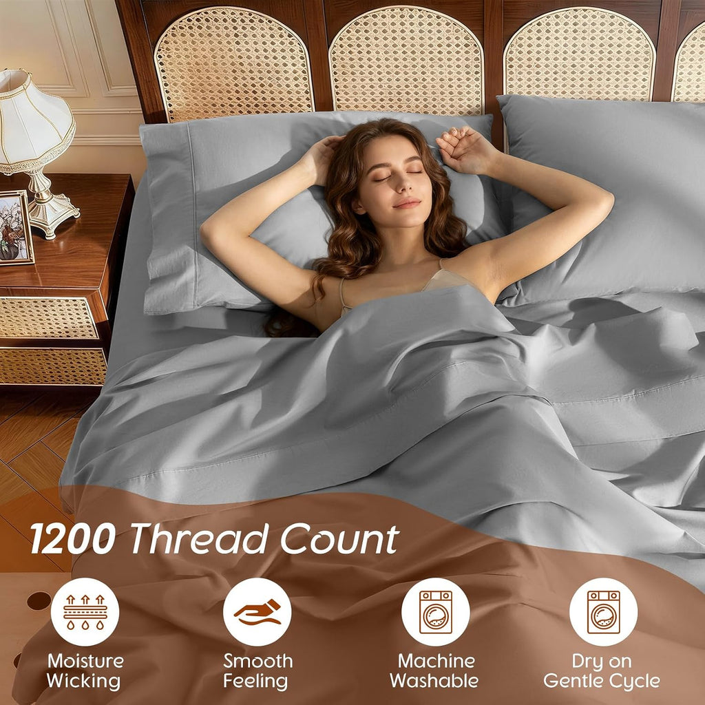 1200 Thread 100% Egyptian Cotton Sheet Sets Queen Size 4 Pcs Bedding Set, Fitted Sheet Deep Pocket Up to 16' Soft Bed Sheet for All Season (Queen, Gray)