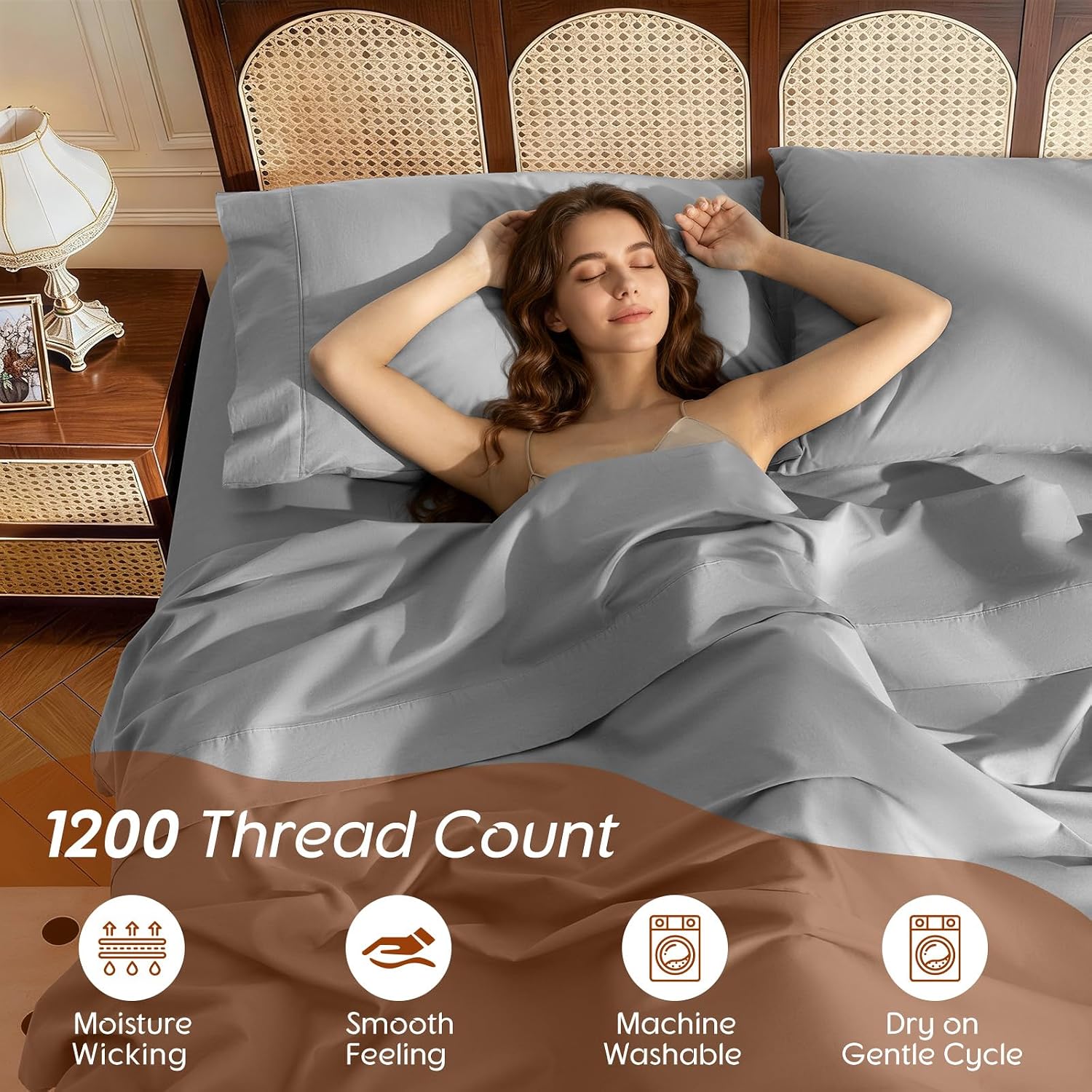 1200 Thread 100% Egyptian Cotton Sheet Sets Queen Size 4 Pcs Bedding Set, Fitted Sheet Deep Pocket Up to 16' Soft Bed Sheet for All Season (Queen, Gray)