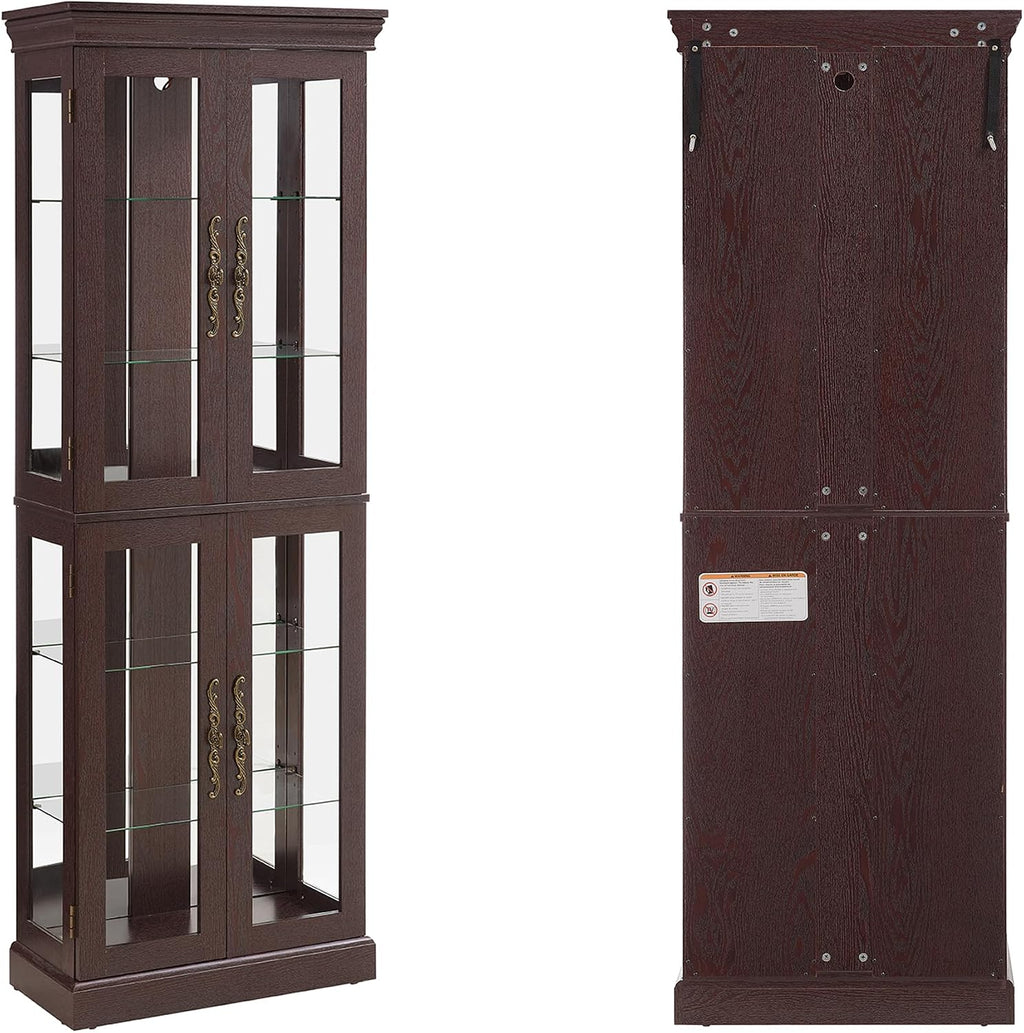 71' H Lighted Curio Cabinet Display Case, Glass Curio Cabinets with Adjustable Shelves and Tempered Glass Door, Wooden Cabinet w/Mirrored Back Pane for Living Room (Dark Cherry)