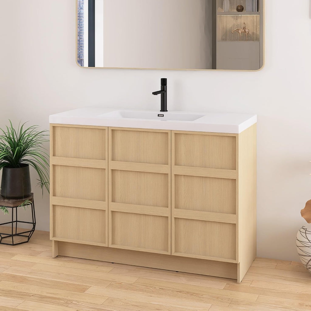 48 Inch Bathroom Vanity with Sink, 48' Freestanding Storage Cabinet Combo, 3 Soft Close Doors and Resin Basin, Modern Brown Floor Standing Vanity Set, Plywood Construction