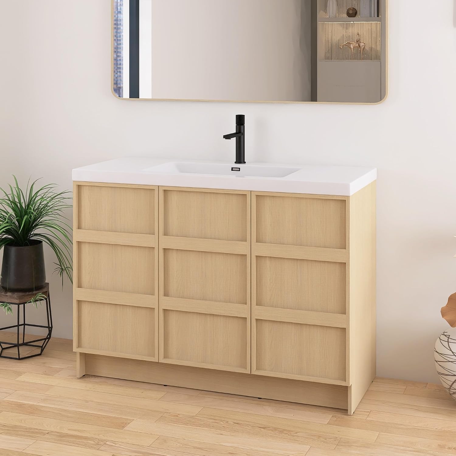48 Inch Bathroom Vanity with Sink, 48' Freestanding Storage Cabinet Combo, 3 Soft Close Doors and Resin Basin, Modern Brown Floor Standing Vanity Set, Plywood Construction