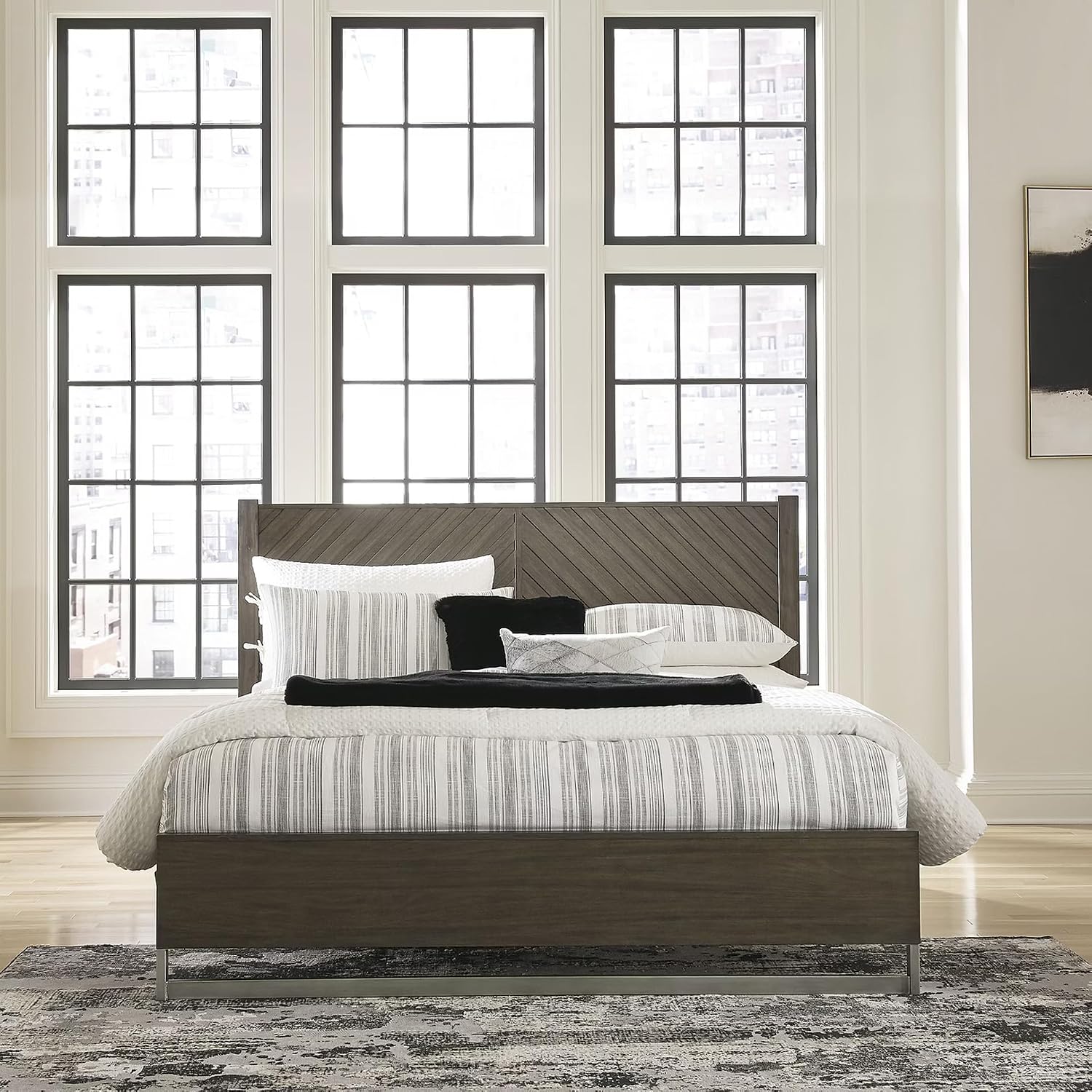 Signature Design by Ashley Arkenton Contemporary California King Panel Bed with Dual USB Charging Ports, Foundation or Box Spring Needed, Dark Brown
