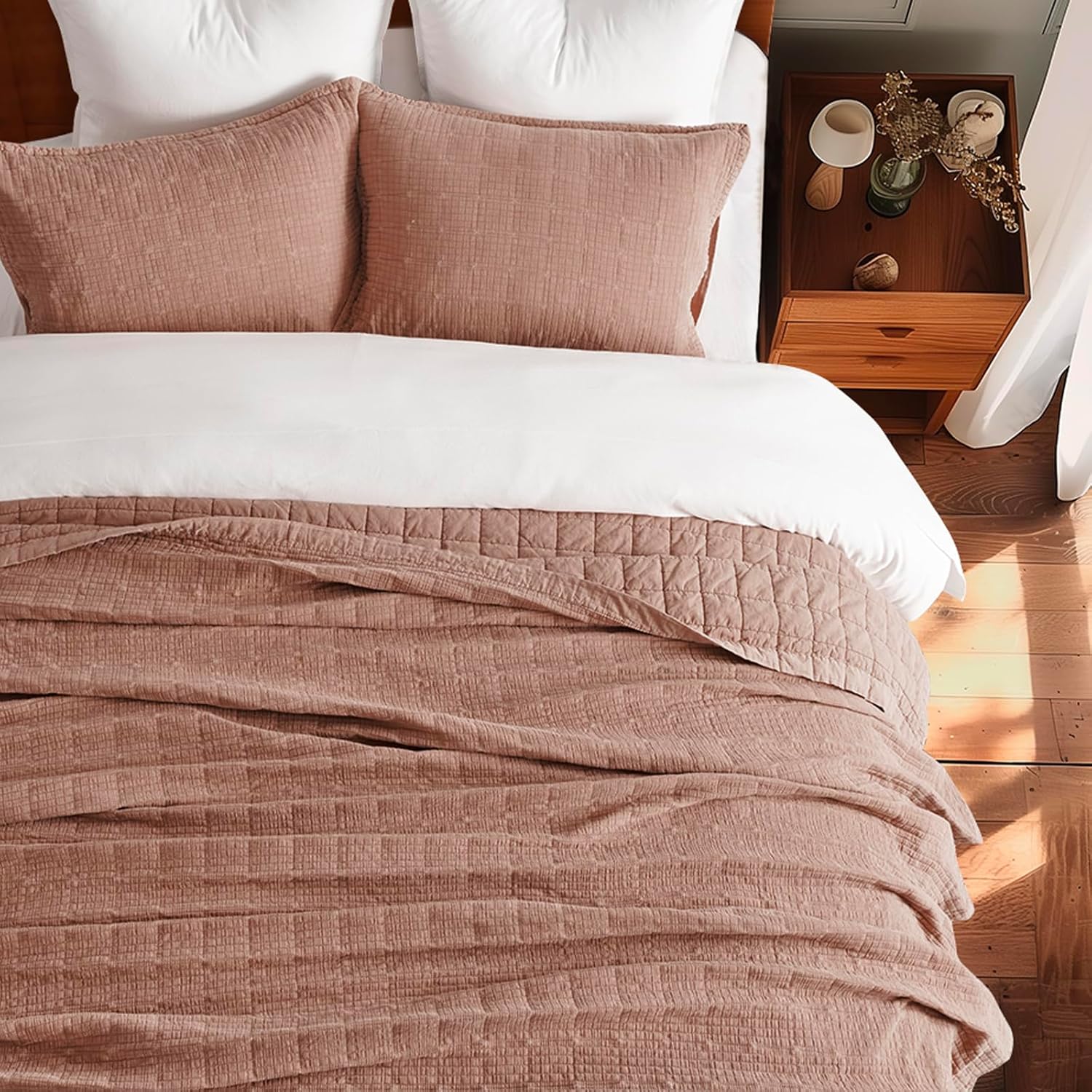 EVERGRACEHOME Stonewashed Cotton Quilt Set King Size, Ultra Soft Oversized Bedspread Coverlet Set, Lightweight Crinkle Box Stitch Bedding Sets for All Season, with 2 Shams, Terracotta Clay