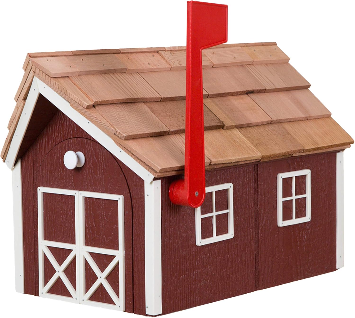 Amish Cedar Roof Wooden Mailbox with Window & Door Trim (Red with White Trim)