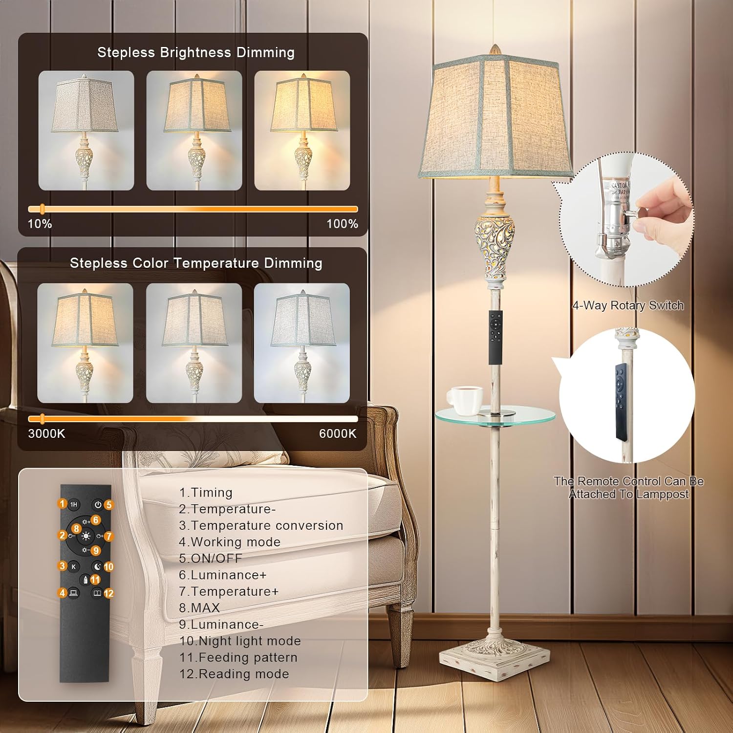 LuxSight Collection Rustic Floor Lamp, Living Room Lamps with Glass Tray, stepless diming Floor Lamp with Remote Control and USB A&C Charging Ports for Living Room Bedroom Office Smart Bulbs Included
