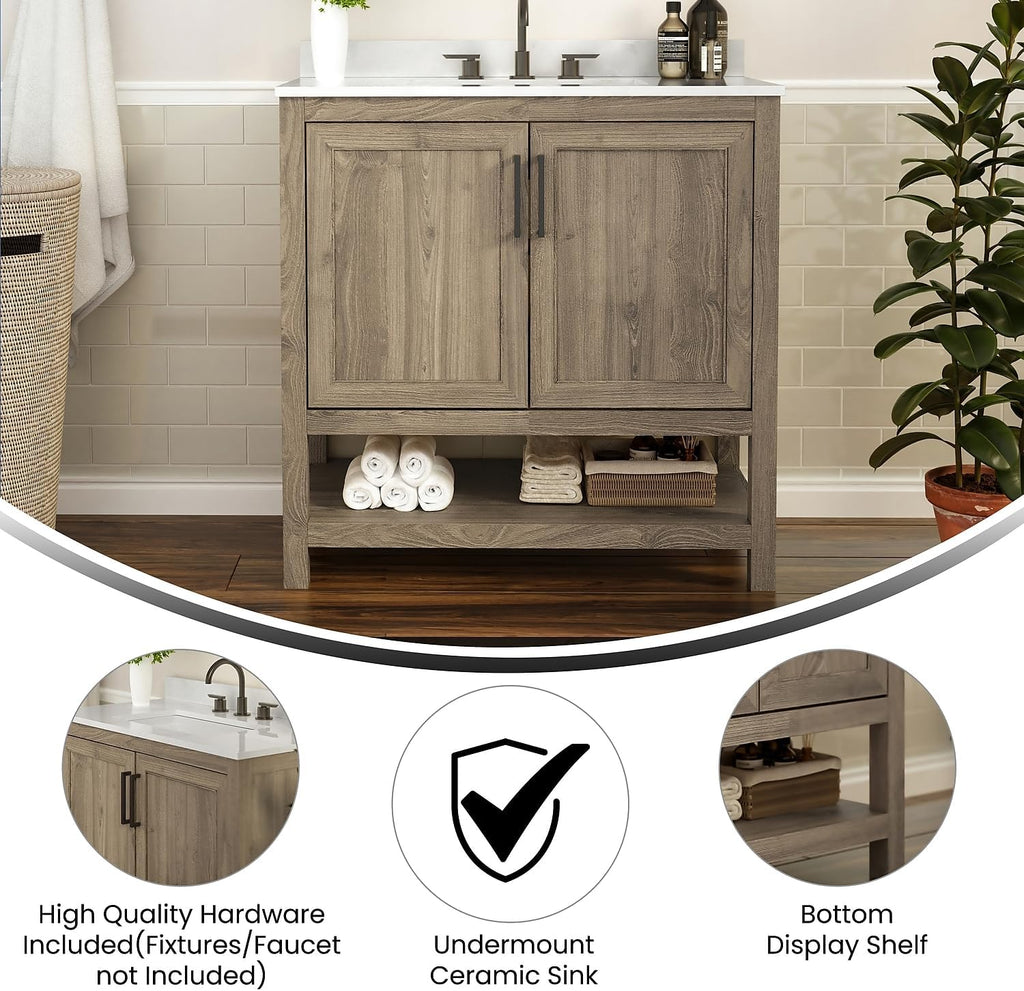 Flash Furniture Vega 36 Inch Bathroom Vanity with Sink Combo, Storage Cabinet with Soft Close Doors and Open Shelf, Carrara Marble Finish Countertop, Brown/White