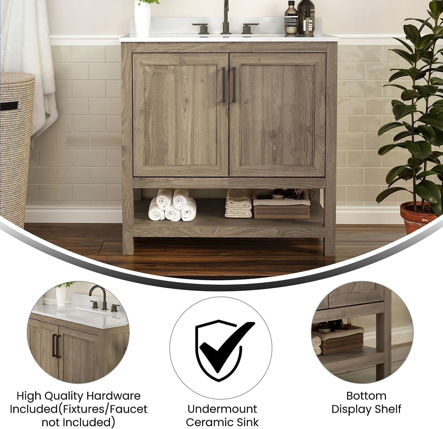 Flash Furniture Vega 36 Inch Bathroom Vanity with Sink Combo, Storage Cabinet with Soft Close Doors and Open Shelf, Carrara Marble Finish Countertop, Brown/White