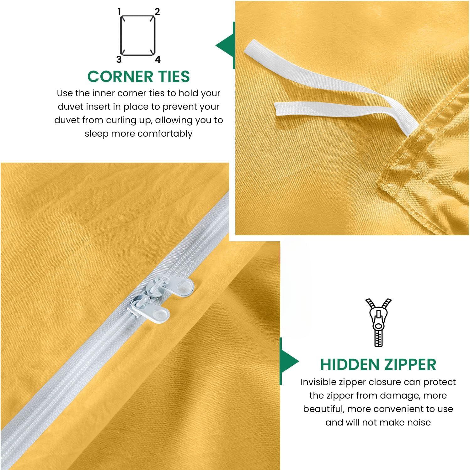 800TC 3 Sided Zipper Duvet Cover Set Soft Egyptian Cotton 3 Sided Zipper Closure, 3 PCS 1-Duvet Cover & 2- Pillow Shams - Oversize Queen Size (98' x 98') Inches, (Solid Gold)