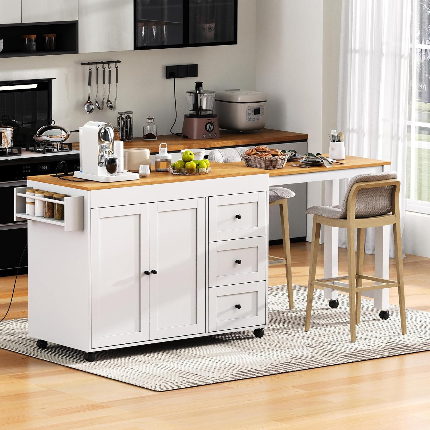 RUNNA Kitchen Island with Extendable Dining Table, Kitchen Storage Cart with 3 Drawers, Power Outlet, Rolling Kitchen Island on Wheels with Spice Rack and 2 Door Cabinet,for Kitchen (White@01)