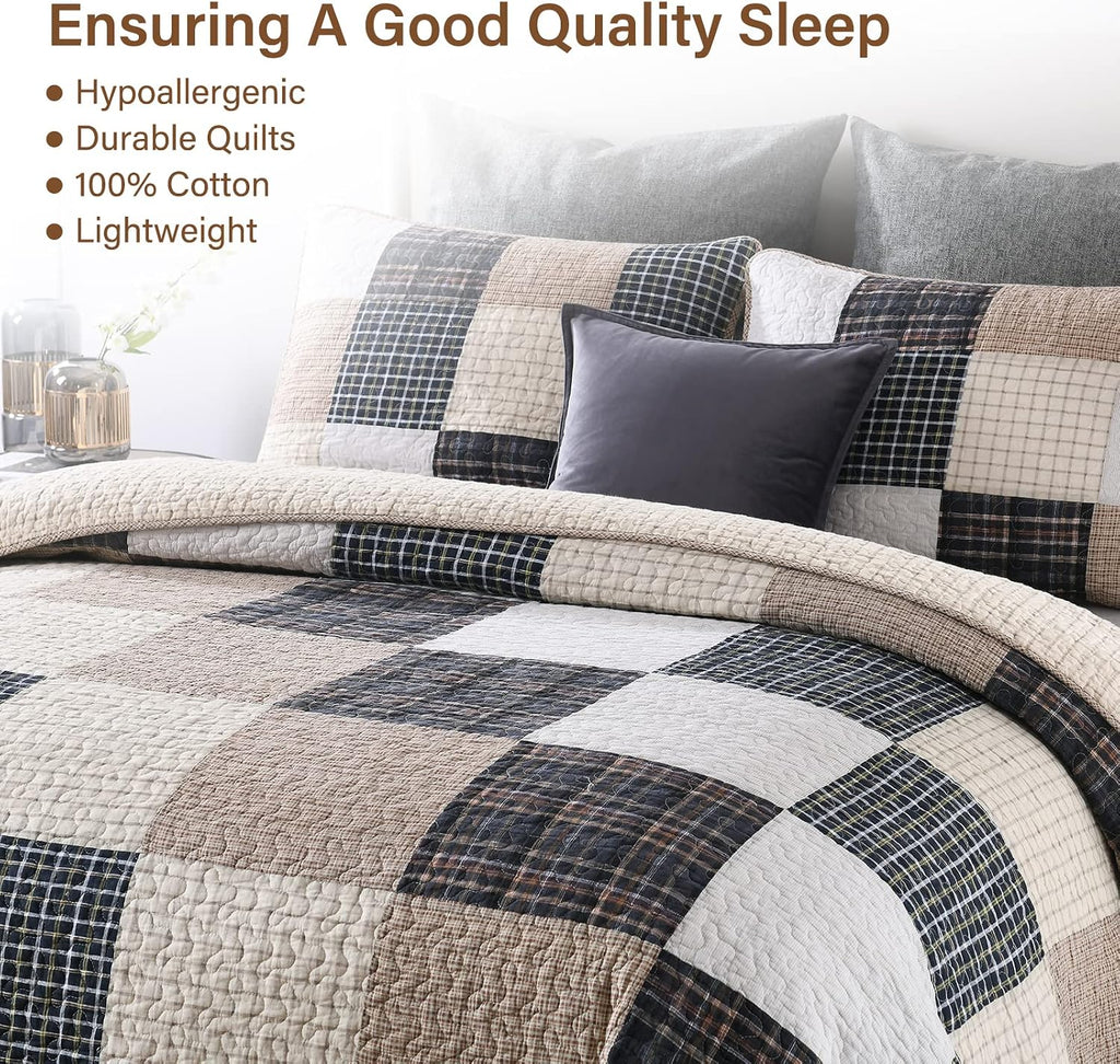SahSahCasa Quilt King Size, King Quilt Set, 100% Cotton King Quilt Bedding Set Bedspread, Patchwork Farmhouse Quilt, Plaid Lightweight Rustic Quilts Comforter for King Bed, Beige, for All Season