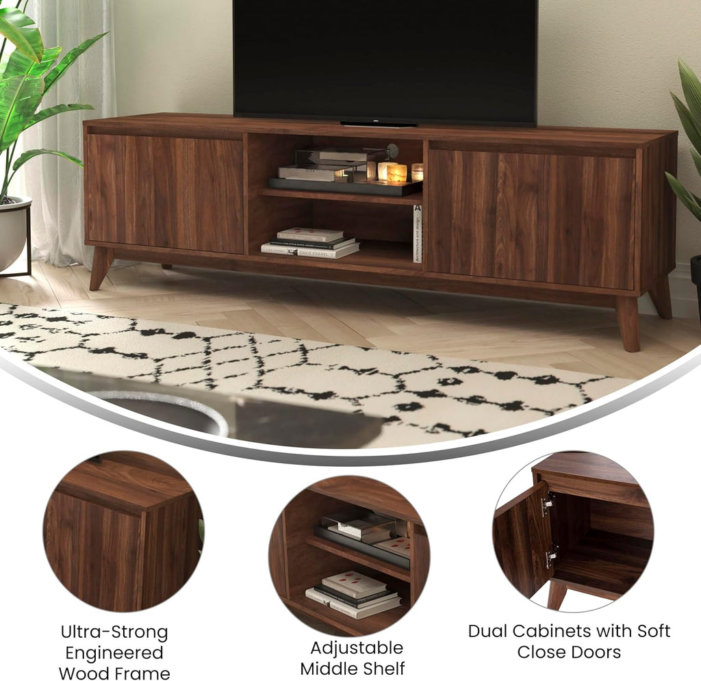 Flash Furniture Hatfield Mid-Century Modern TV Stand For 65+ Inch TV's - Walnut Laminate Finish - 70 Inch Media Center - Adjustable Center Shelf - Soft Close Doors