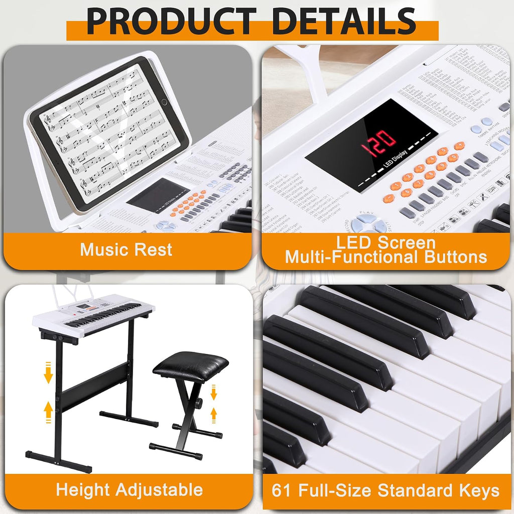 ZENY 61-Key Portable Electric Keyboard Piano with Built In Speakers, LED Screen, Headphones, Microphone, Piano Stand, Music Sheet Stand and Stool (White)
