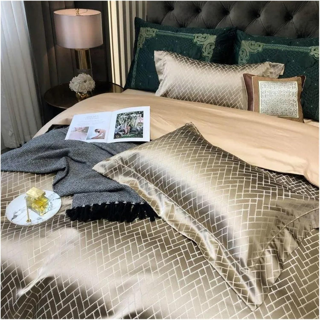 Luxury Black Gold Yarndyed Jacquard Egyptian Cotton Smooth Duvet Cover Queen King Bedding Set Flat Sheet Pillowcases, for All Seasons(Champagne Color,King)