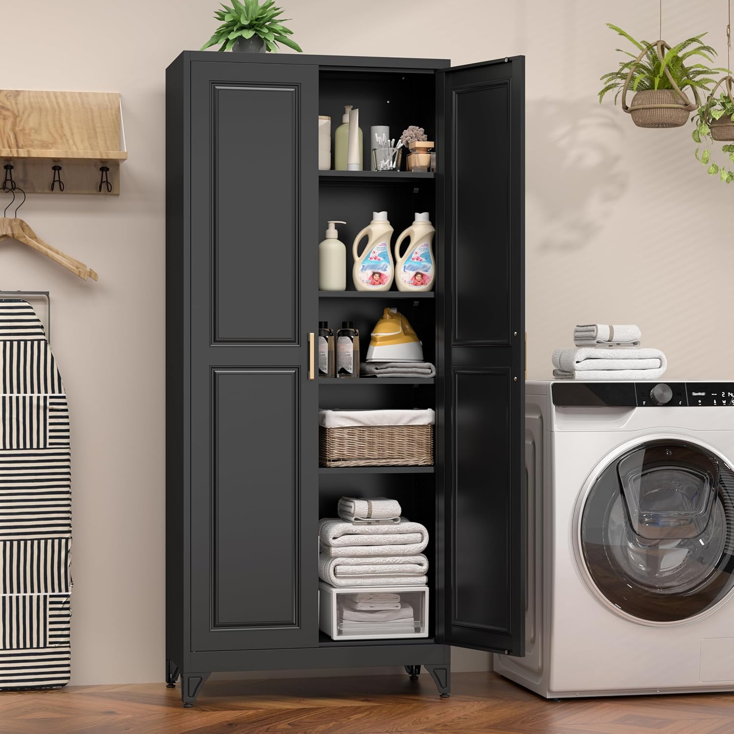 75' Kitchen Pantry Cabinet, Black Metal Storage Cabinets with 2 Doors and 4 Adjustable Shelves, Tall Pantry Storage Cabinet for Kitchen, Dining Room, Living Room