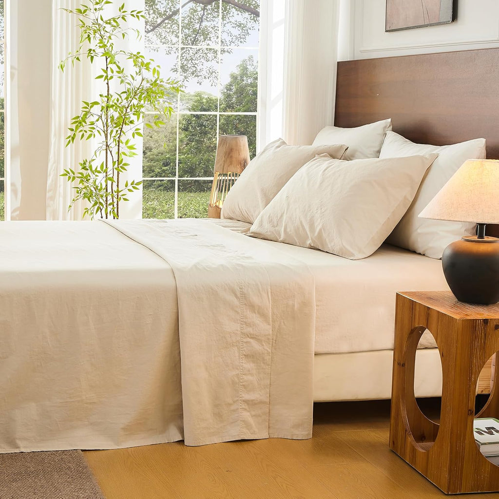 Bedlifes 100% French Flax Linen Sheets Set California King Size-6 Piece Extra Deep Pocket 18-24',Soft Breathable Cal King Bed Sheets with Temperature Regulating & Moisture-Wicking(Linen